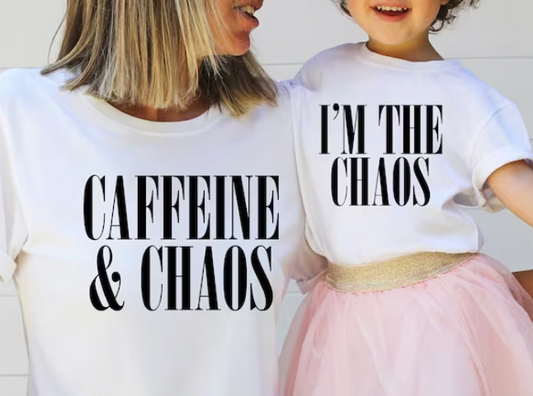 CAFFEINE AND CHAOS ADULT AND MINI SHIRTS- MULTIPLE COLORS AVAILABLE
